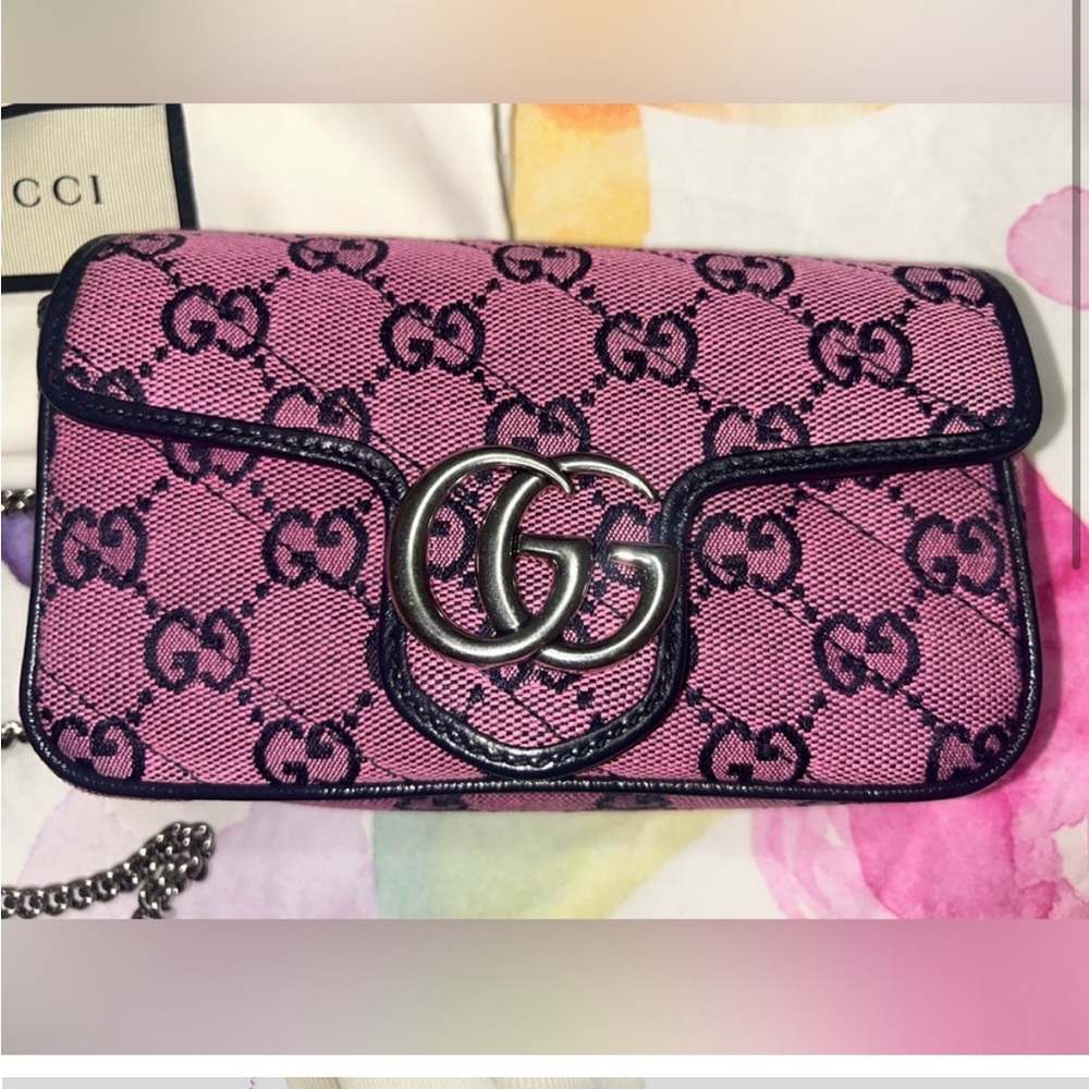 Gucci Marmont Pink and Black GG Patterned Bag